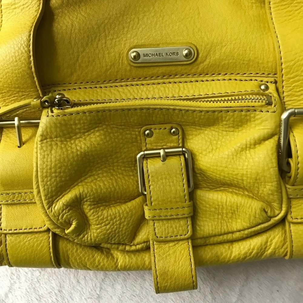 Michael Kors Yellow Leather Outer Pockets Double Handle Satchel Purse Bag